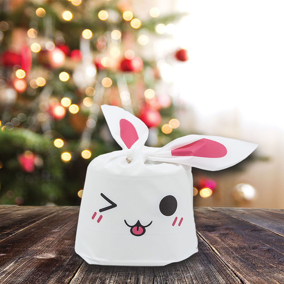 Pink Bunny Emoji Flap-Tie White Plastic Gift Bags