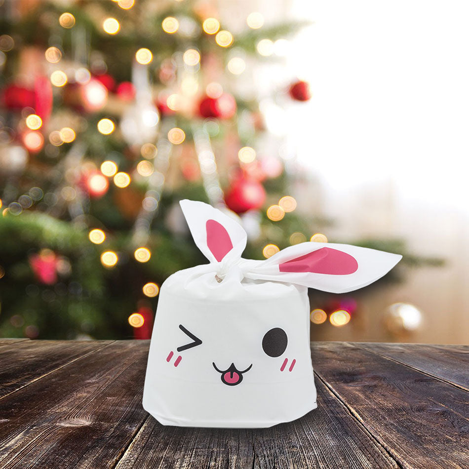 Pink Bunny Emoji Flap-Tie White Plastic Gift Bags