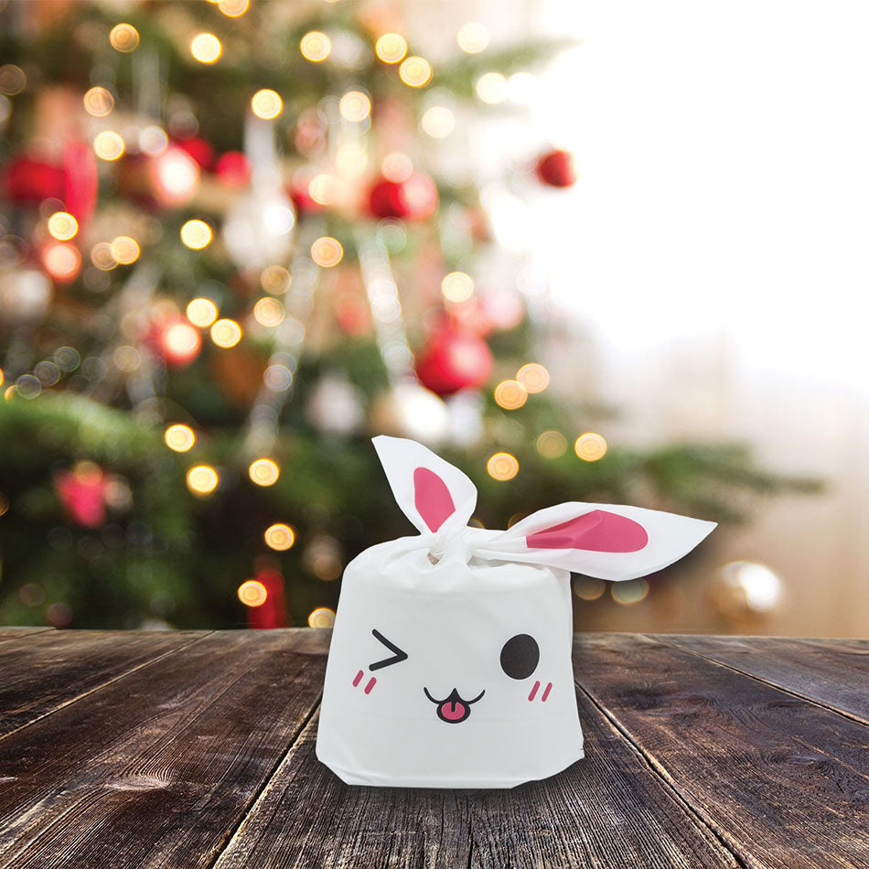 Pink Bunny Emoji Flap-Tie White Plastic Gift Bags