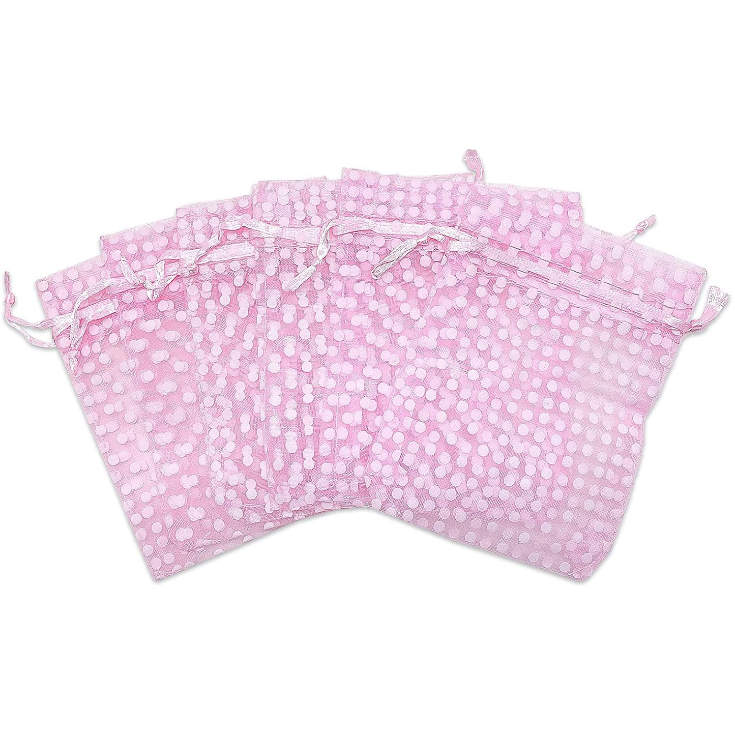 Pink with White Polka Dot Organza Drawstring Pouch Gift Bags