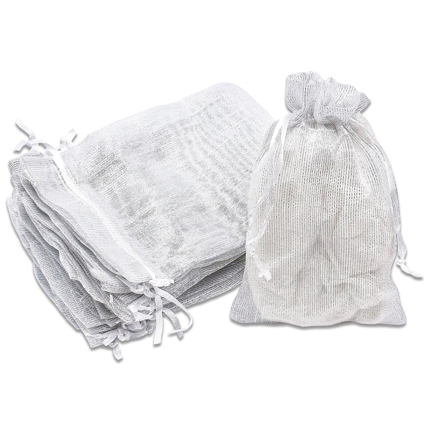 96-Pack Silver Striped Weave Organza Drawstring Pouch Gift Bags