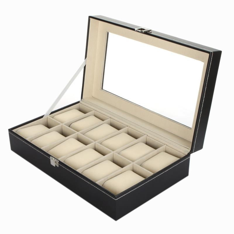 Black Leatherette Glass Top Watch Carrying Case