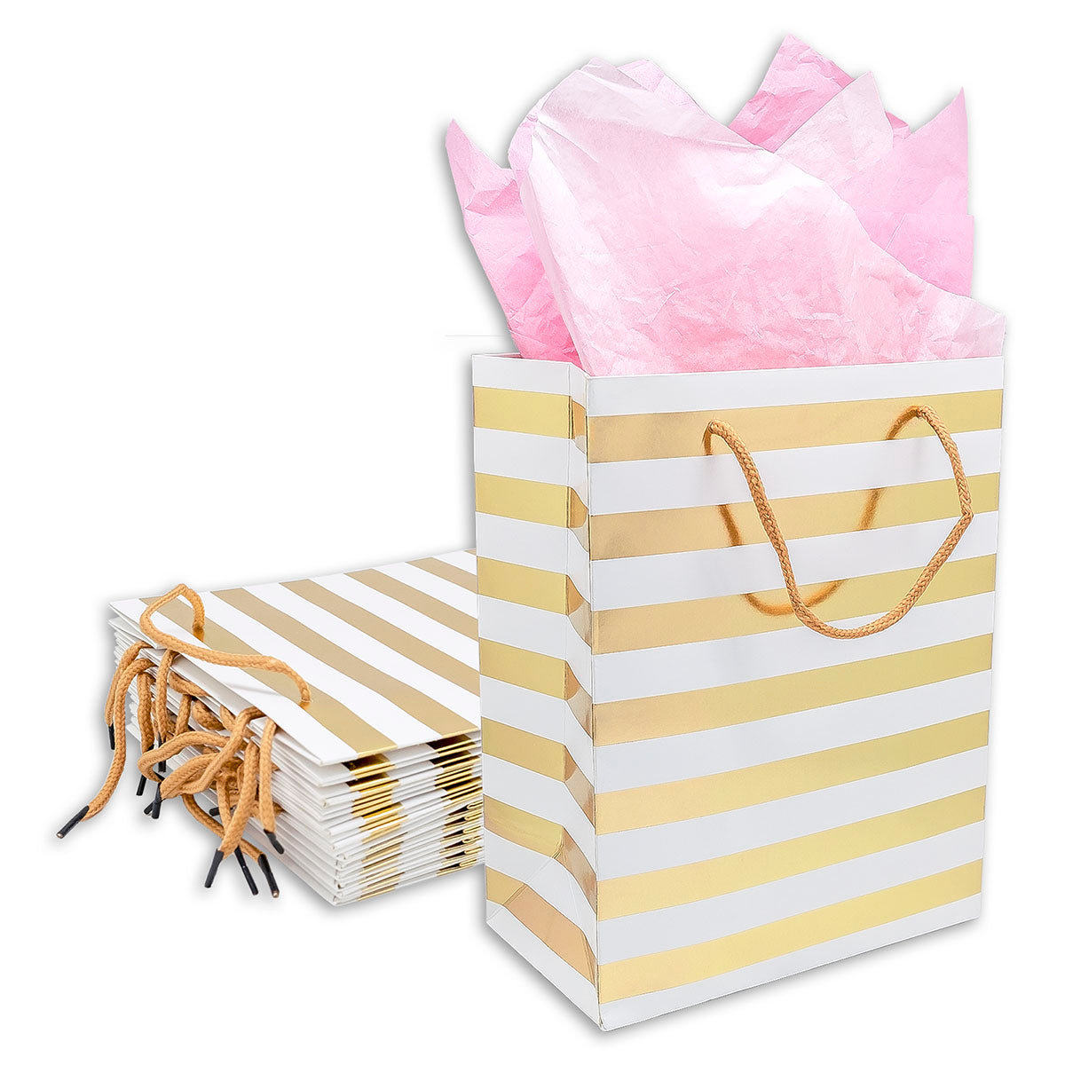 White and Gold Striped Gift Bags