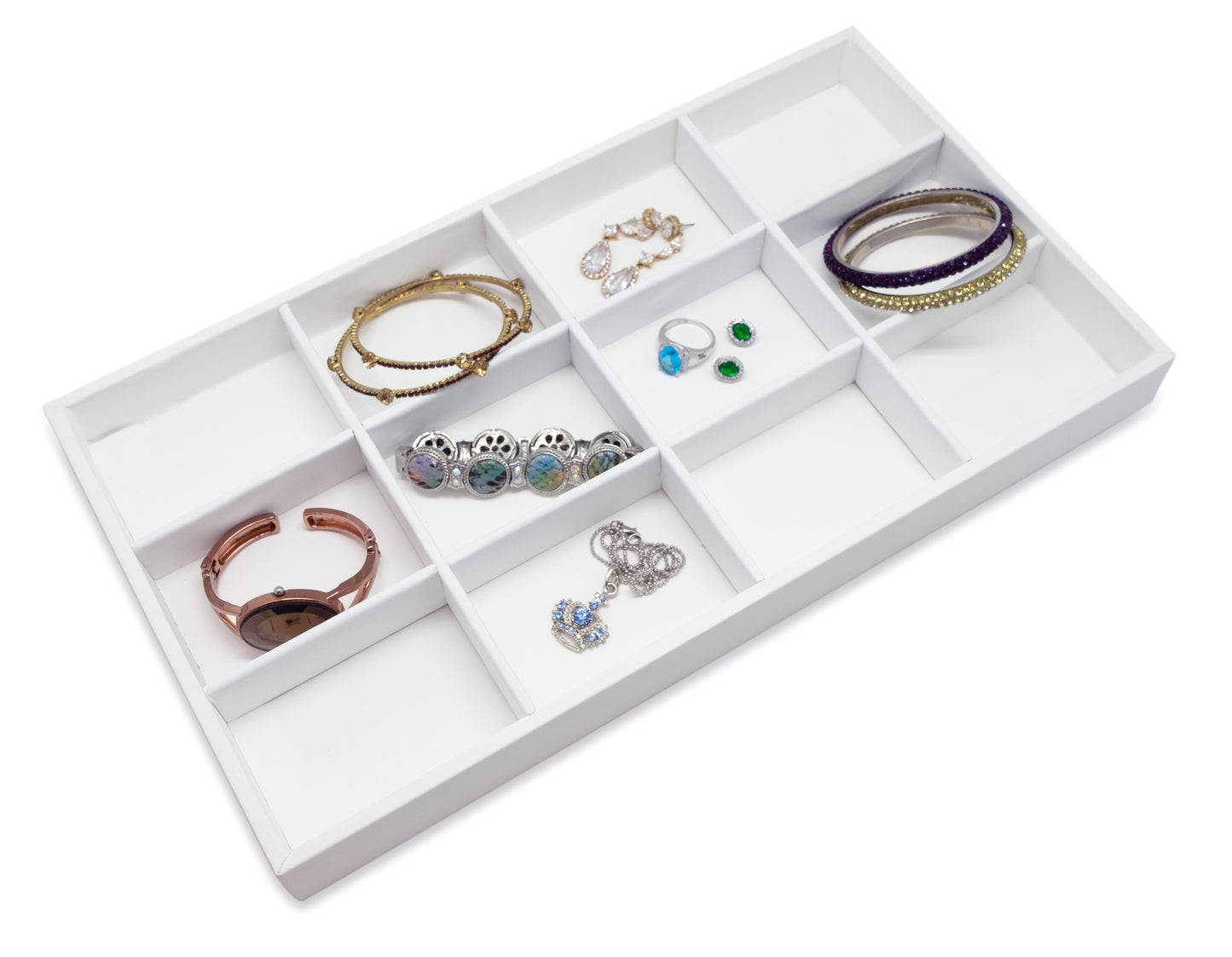 White Leatherette 12 Compartment Stackable Jewelry Tray