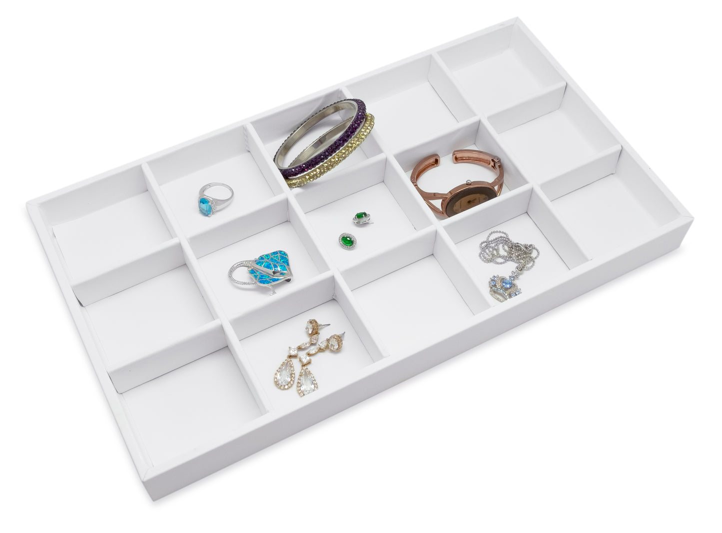 White Leatherette 15 Compartment Stackable Jewelry Tray