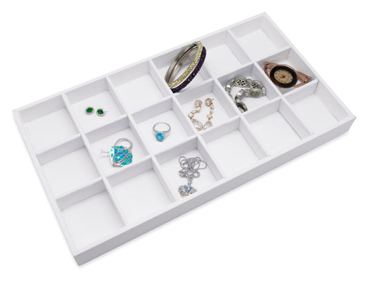 White Leatherette 18 Compartment Stackable Jewelry Tray