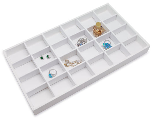 White Leatherette 24 Compartment Stackable Jewelry Tray