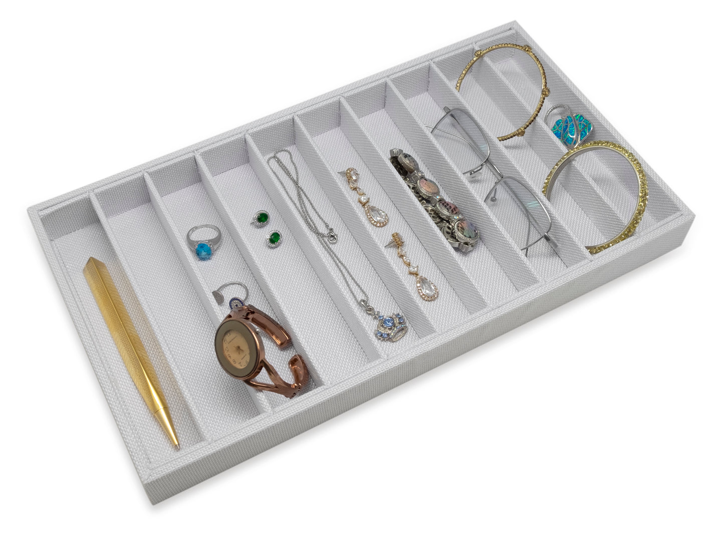 White Linen 10 Column Compartment Jewelry Display Tray