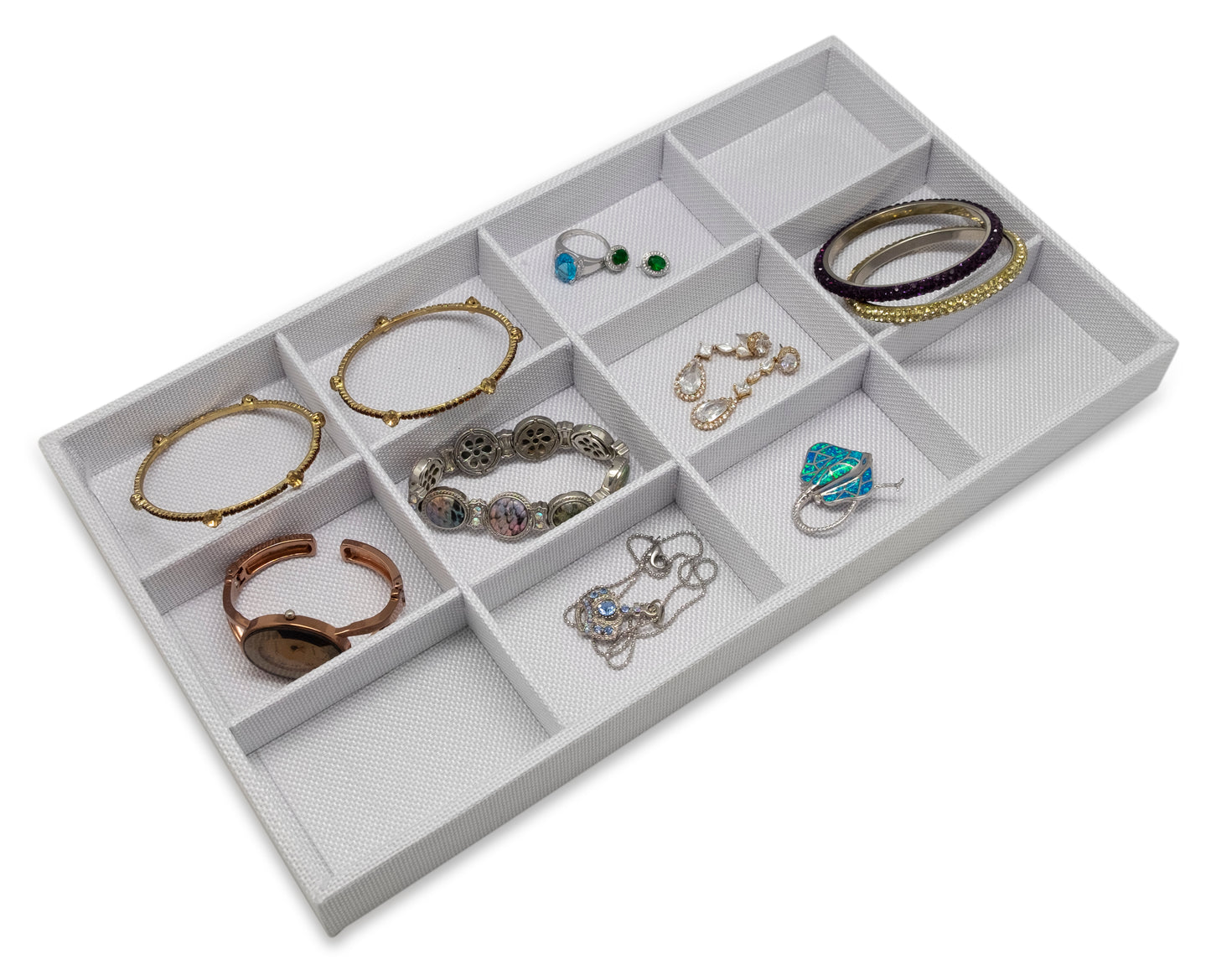 White Linen 12 Compartment Stackable Jewelry Tray