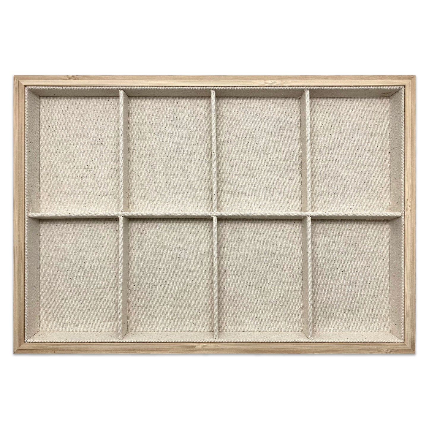 14" x 9 1/2" Wood and Burlap 8 Compartment Jewelry Display Tray