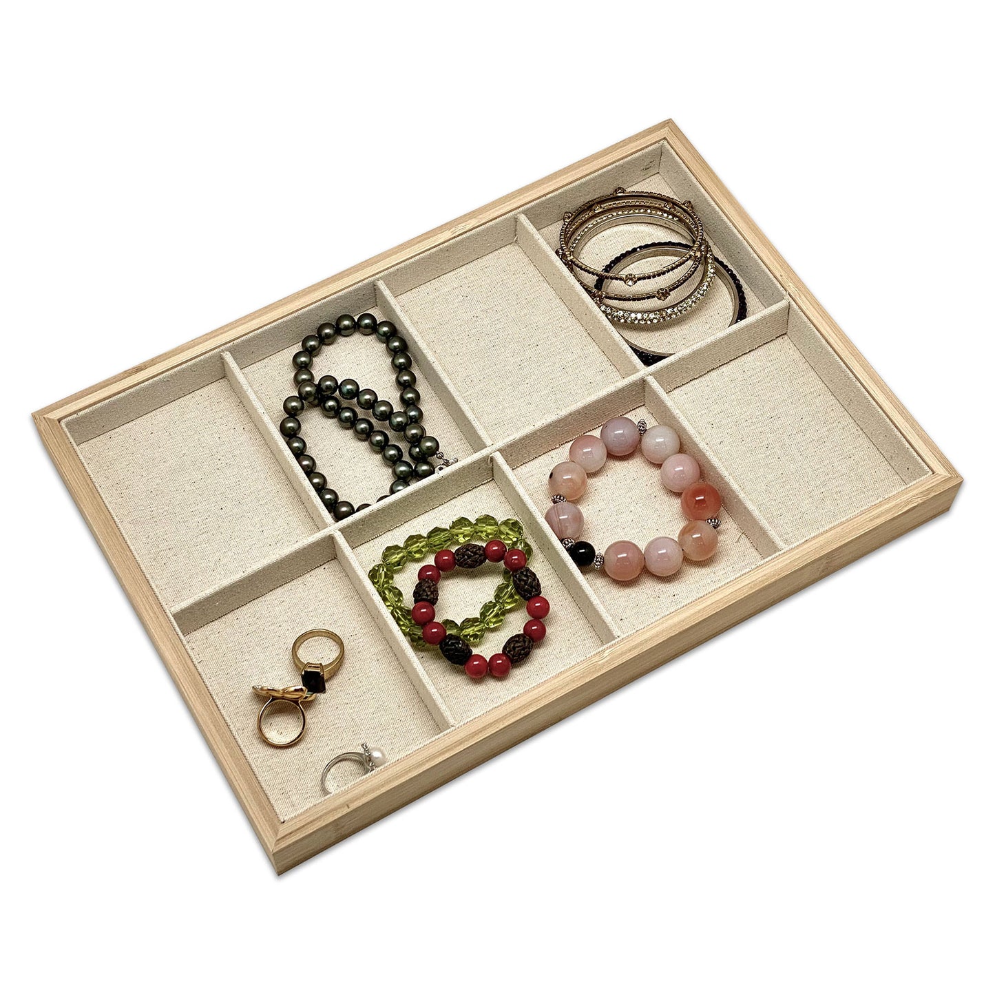 14" x 9 1/2" Wood and Burlap 8 Compartment Jewelry Display Tray