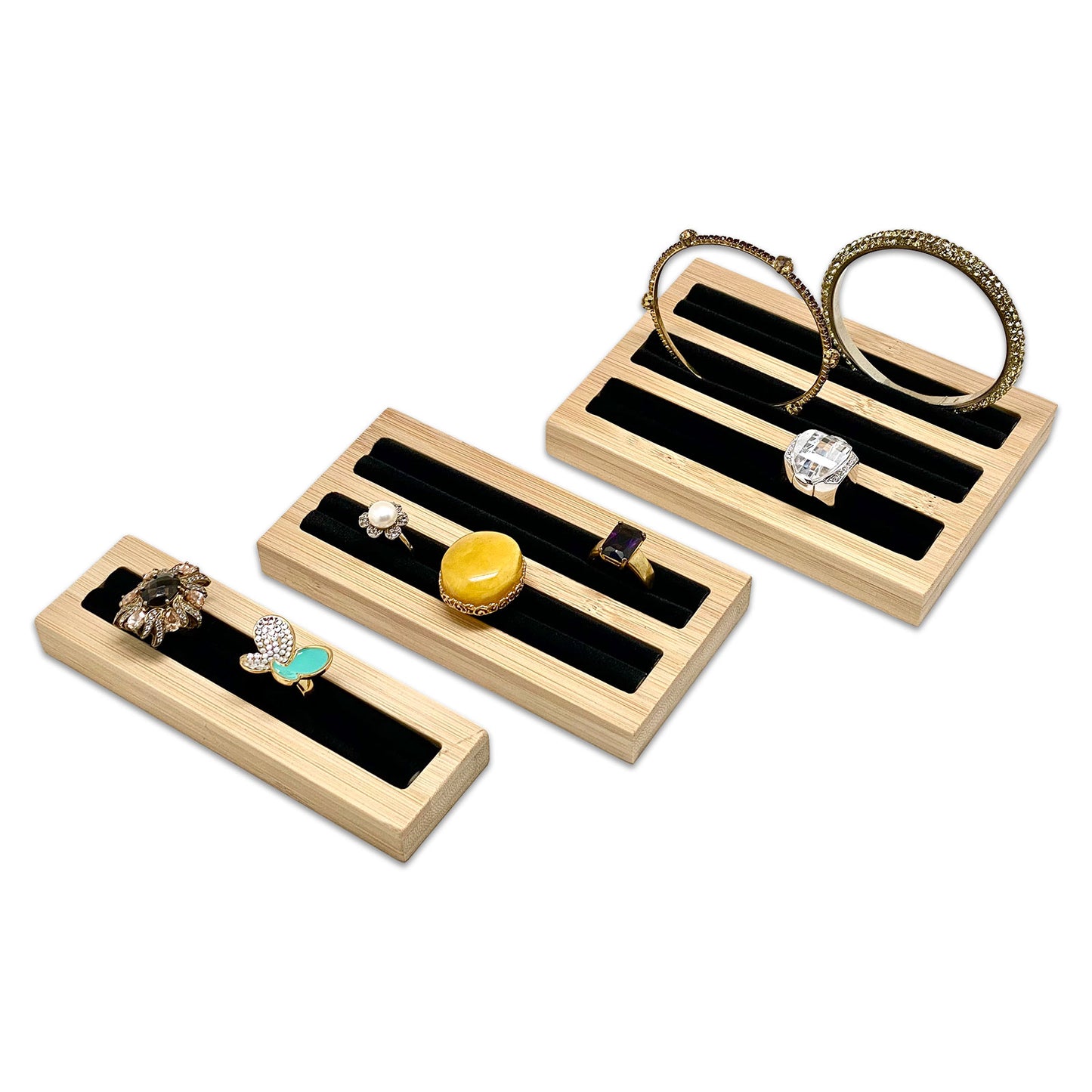 5 3/4" x 3" Wood Black Velvet 2 Row Ring Display Stand