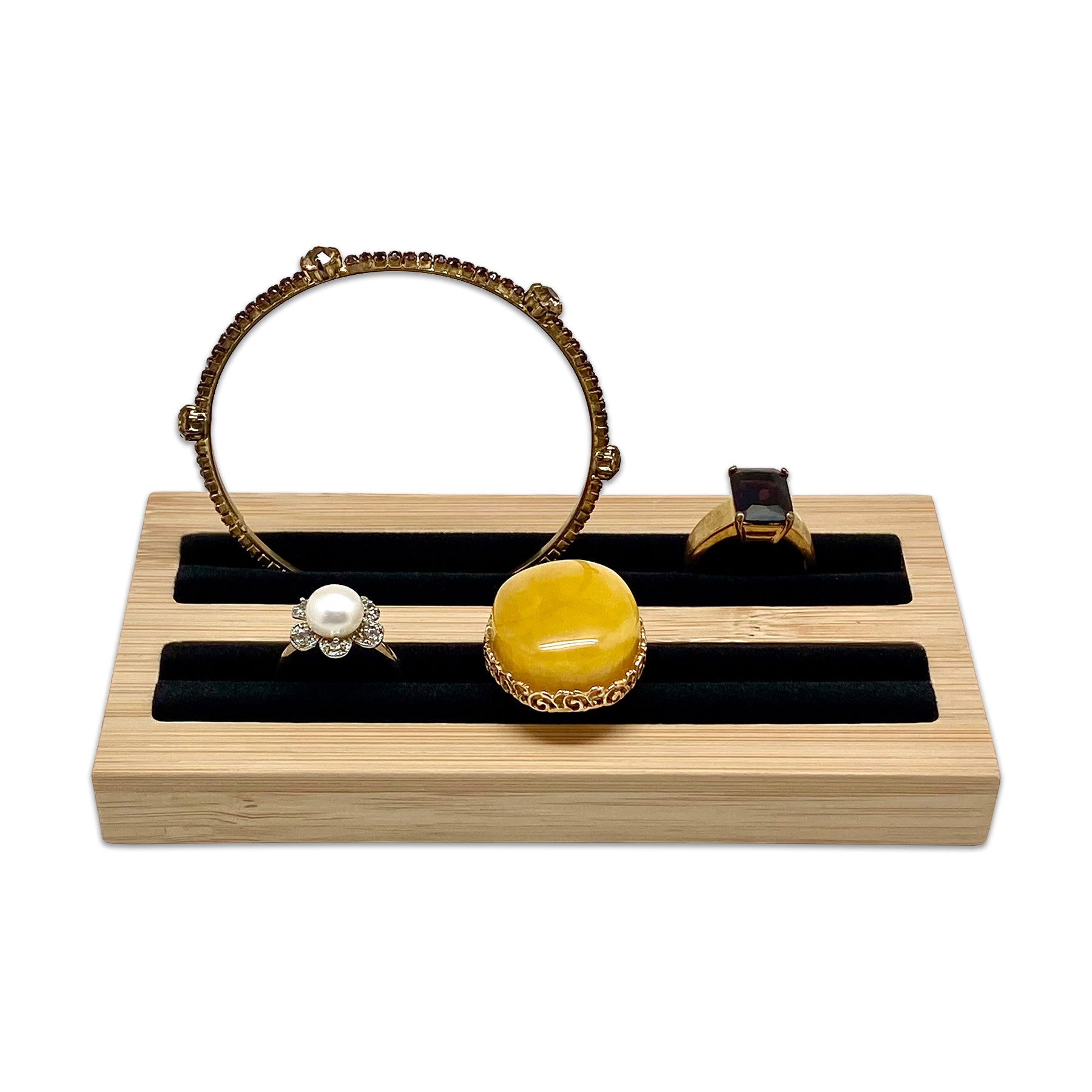 5 3/4" x 3" Wood Black Velvet 2 Row Ring Display Stand