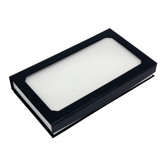 10 1/4" x 6" x 1 1/2" Black Cardboard 64-Ring Display Case with Plastic Window