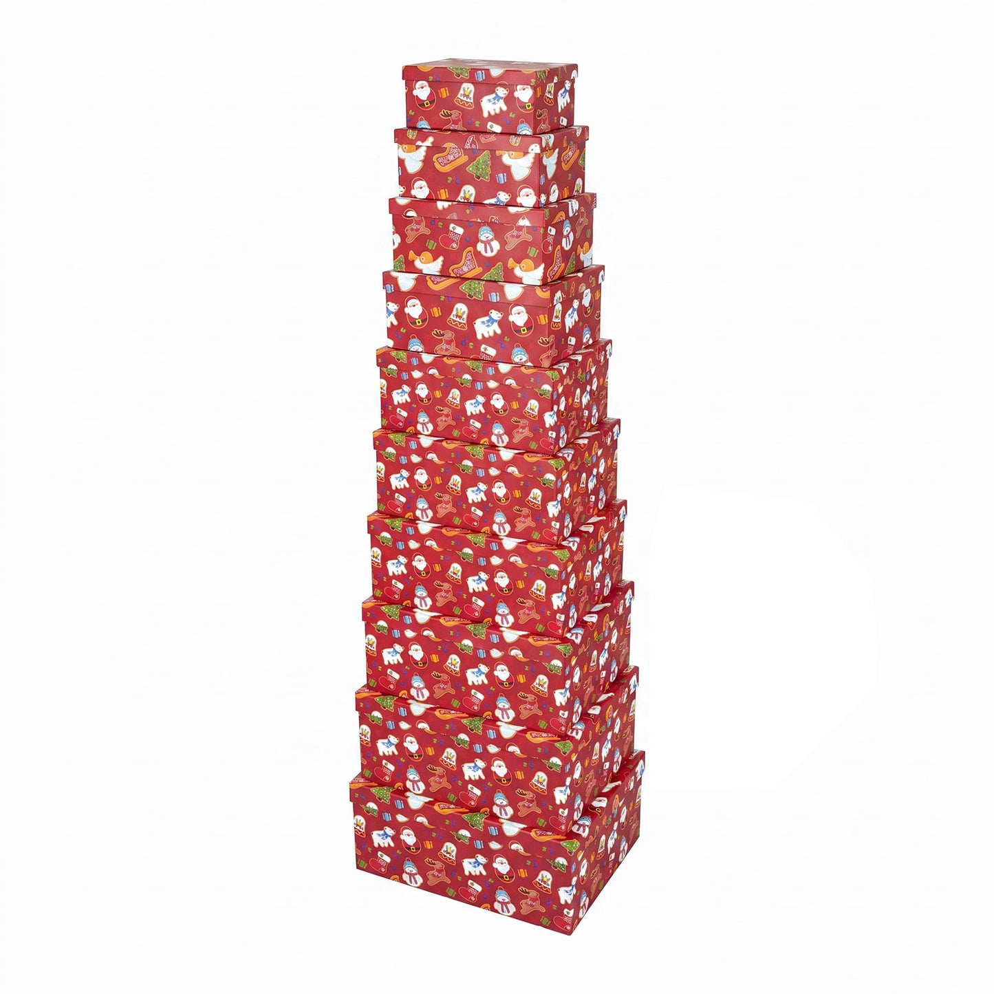 10-Piece Red Nested Gift Box Set with Christmas Pattern Design