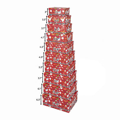 10-Piece Red Nested Gift Box Set with Christmas Pattern Design