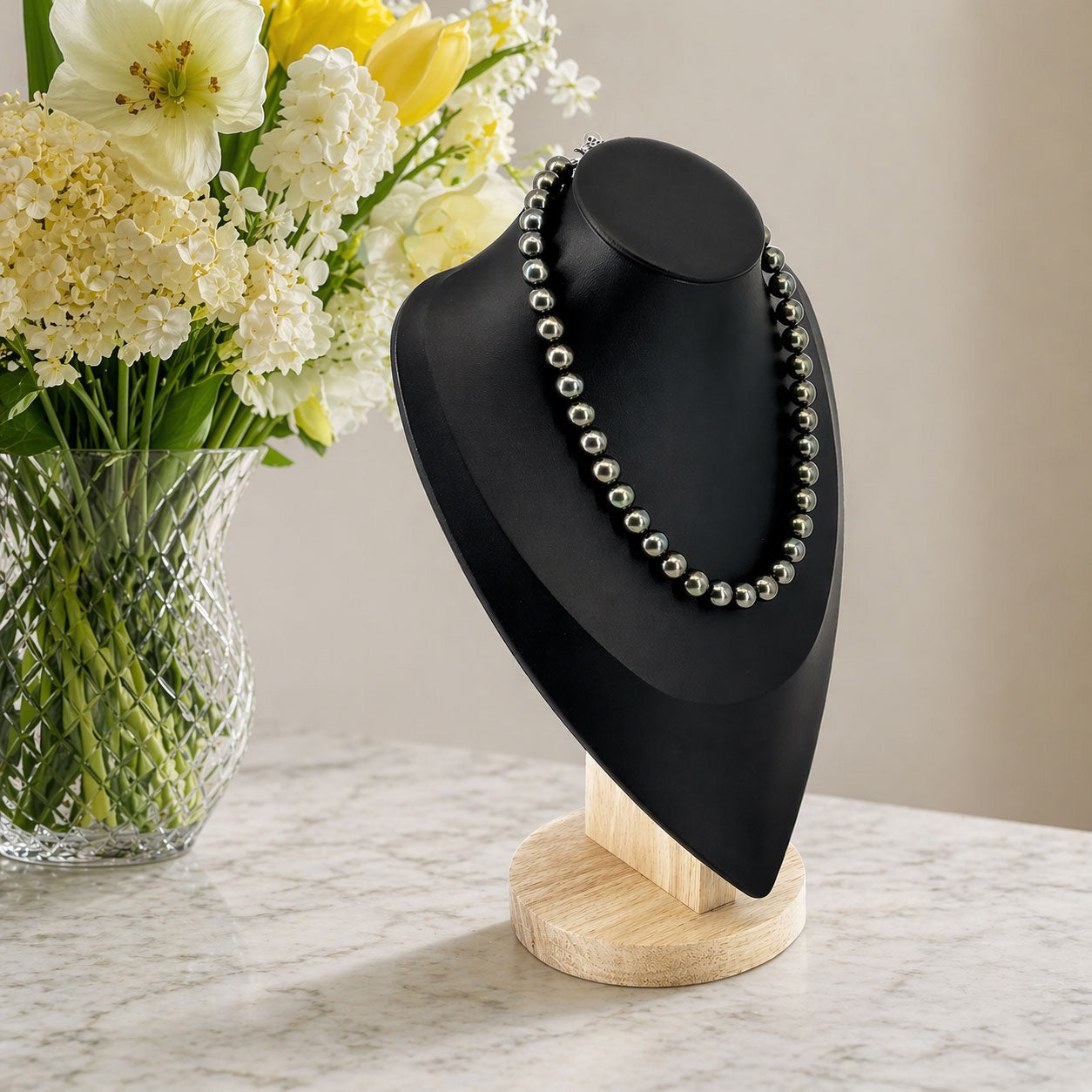 11 1/2" Black Leatherette Wood Base Necklace Bust Display
