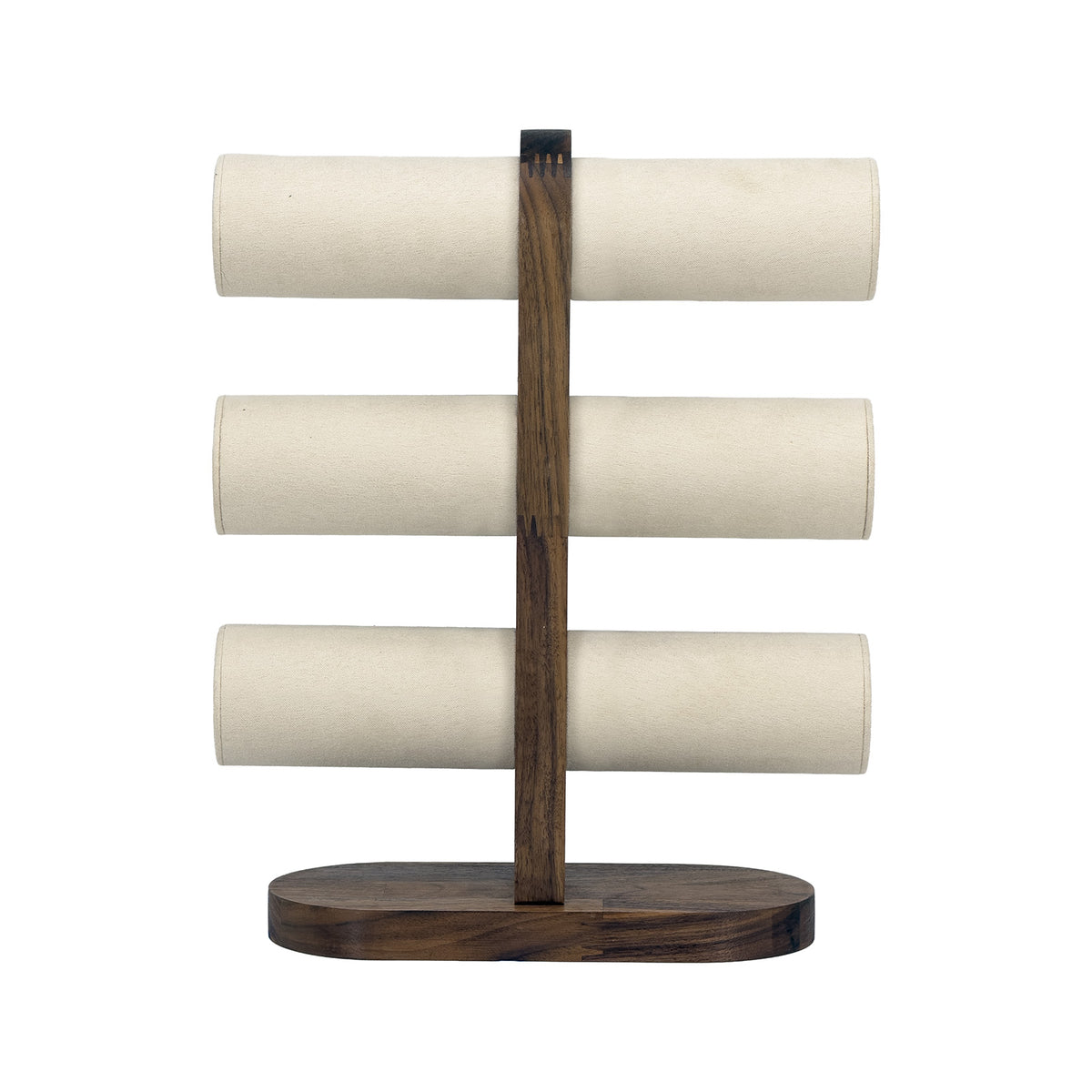 11 1/2" x 9 1/4" Beige Velvet Walnut 3-Tier Round Bar Bracelet Display