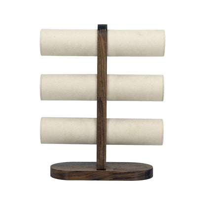 11 1/2" x 9 1/4" Beige Velvet Walnut 3-Tier Round Bar Bracelet Display