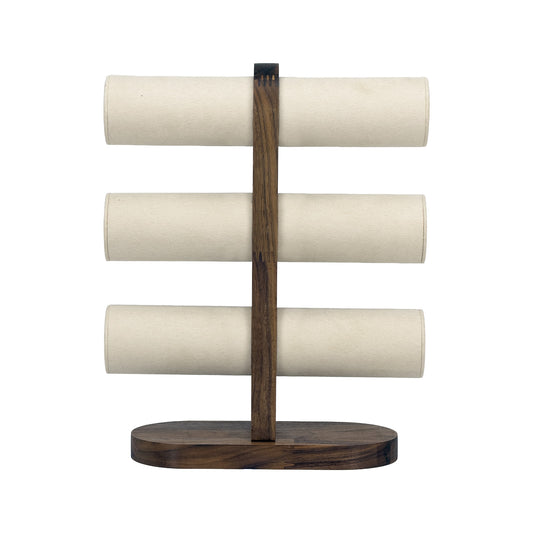 11 1/2" x 9 1/4" Beige Microfiber Walnut 3-Tier Round Bar Bracelet Display