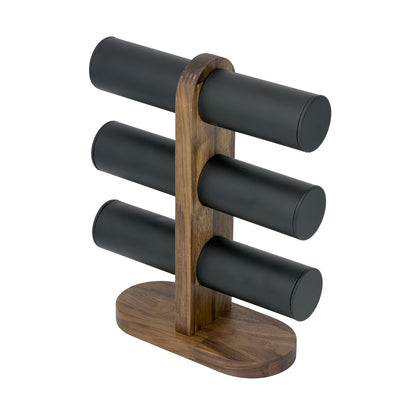 11 1/2" x 9 1/4" Black Leatherette Walnut 3-Tier Round Bar Bracelet Display