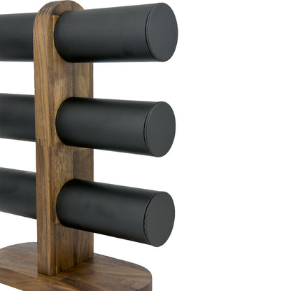 11 1/2" x 9 1/4" Black Leatherette Walnut 3-Tier Round Bar Bracelet Display