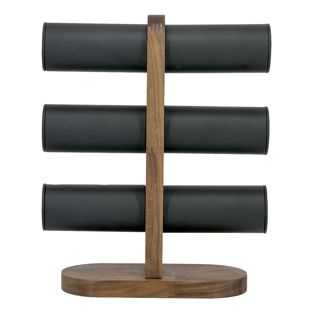 11 1/2" x 9 1/4" Black Leatherette Walnut 3-Tier Round Bar Bracelet Display