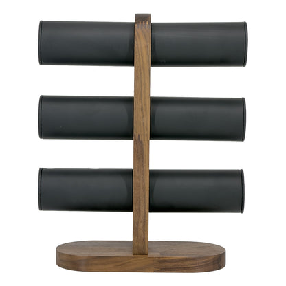 11 1/2" x 9 1/4" Black Leatherette Walnut 3-Tier Round Bar Bracelet Display