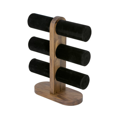 11 1/2" x 9 1/4" Black Velvet Walnut 3-Tier Round Bar Bracelet Display