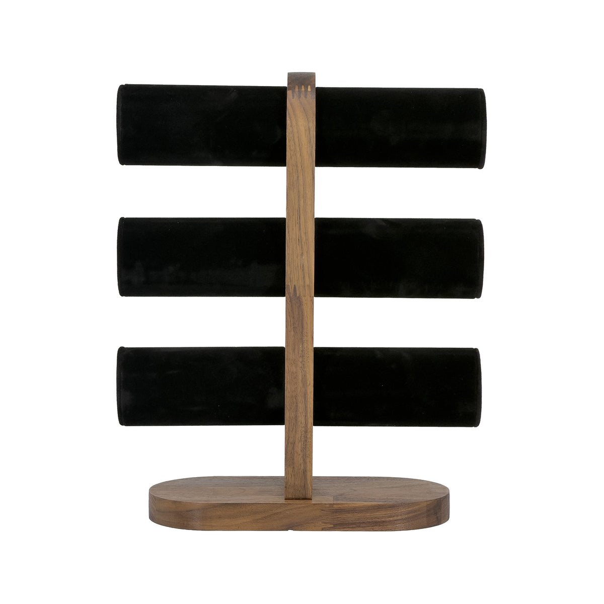11 1/2" x 9 1/4" Black Velvet Walnut 3-Tier Round Bar Bracelet Display