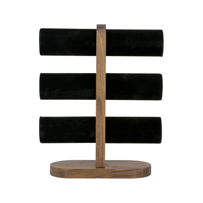 11 1/2" x 9 1/4" Black Velvet Walnut 3-Tier Round Bar Bracelet Display