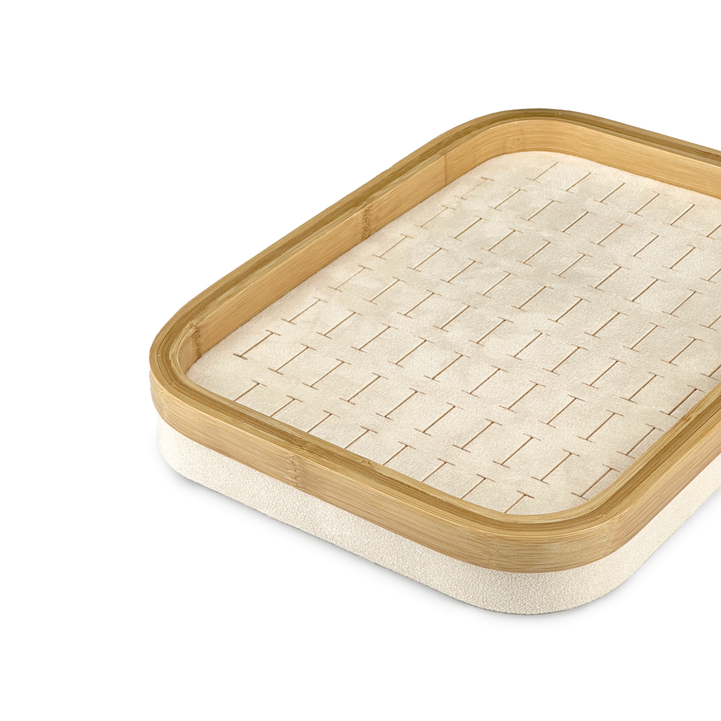 11" x 8" Bamboo Rim Beige Suede 76 Ring Display Tray