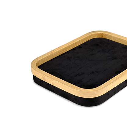 11" x 8" Bamboo Rim Black Suede 76 Ring Display Tray