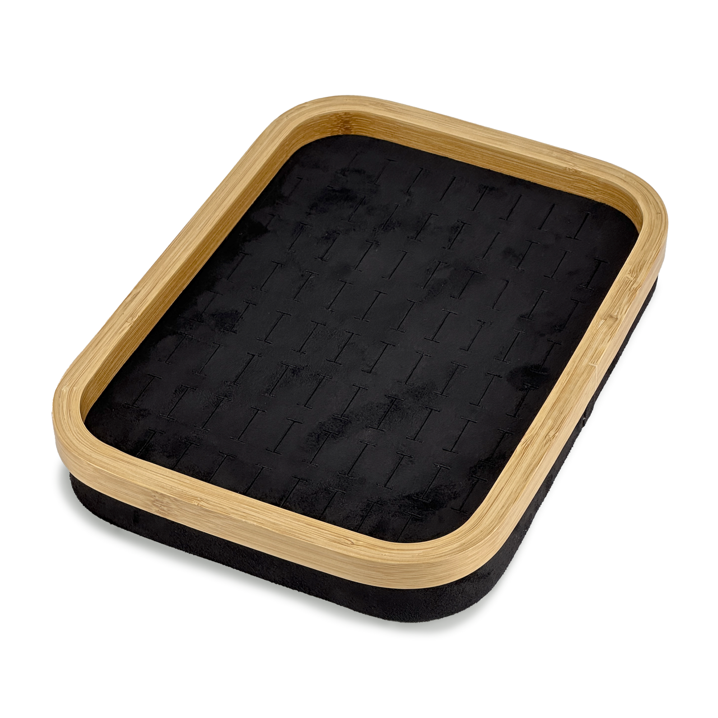 11" x 8" Bamboo Rim Black Suede 76 Ring Display Tray