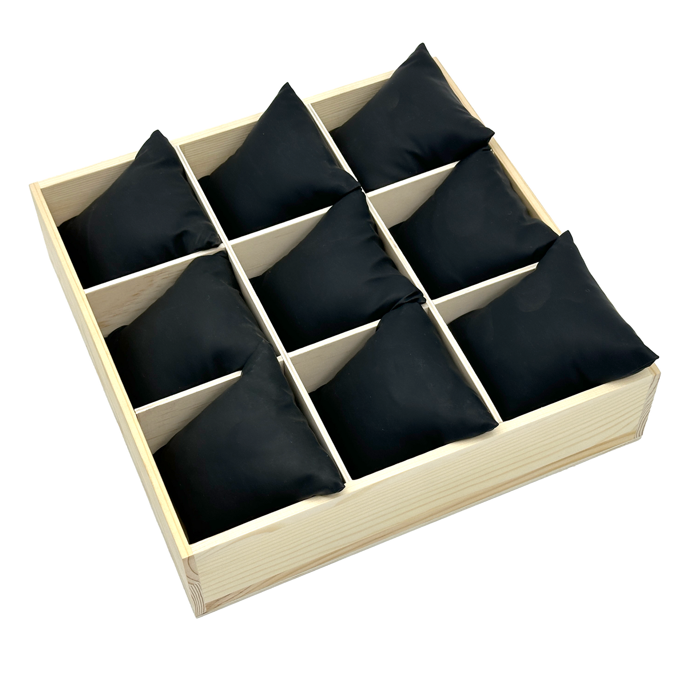 12 1/2" x 12 1/2" Natural Pine 9 Compartment Jewelry Tray with Black Leatherette Pillows