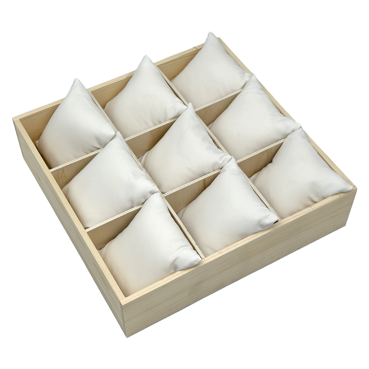 12 1/2" x 12 1/2" Natural Pine 9 Compartment Jewelry Tray with White Leatherette Pillows