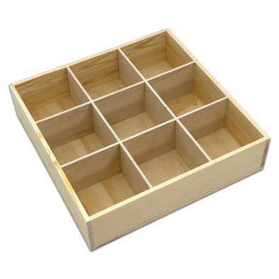 12 1/2" x 12 1/2" x 3" Natural Pine 9 Compartment Jewelry Display Tray