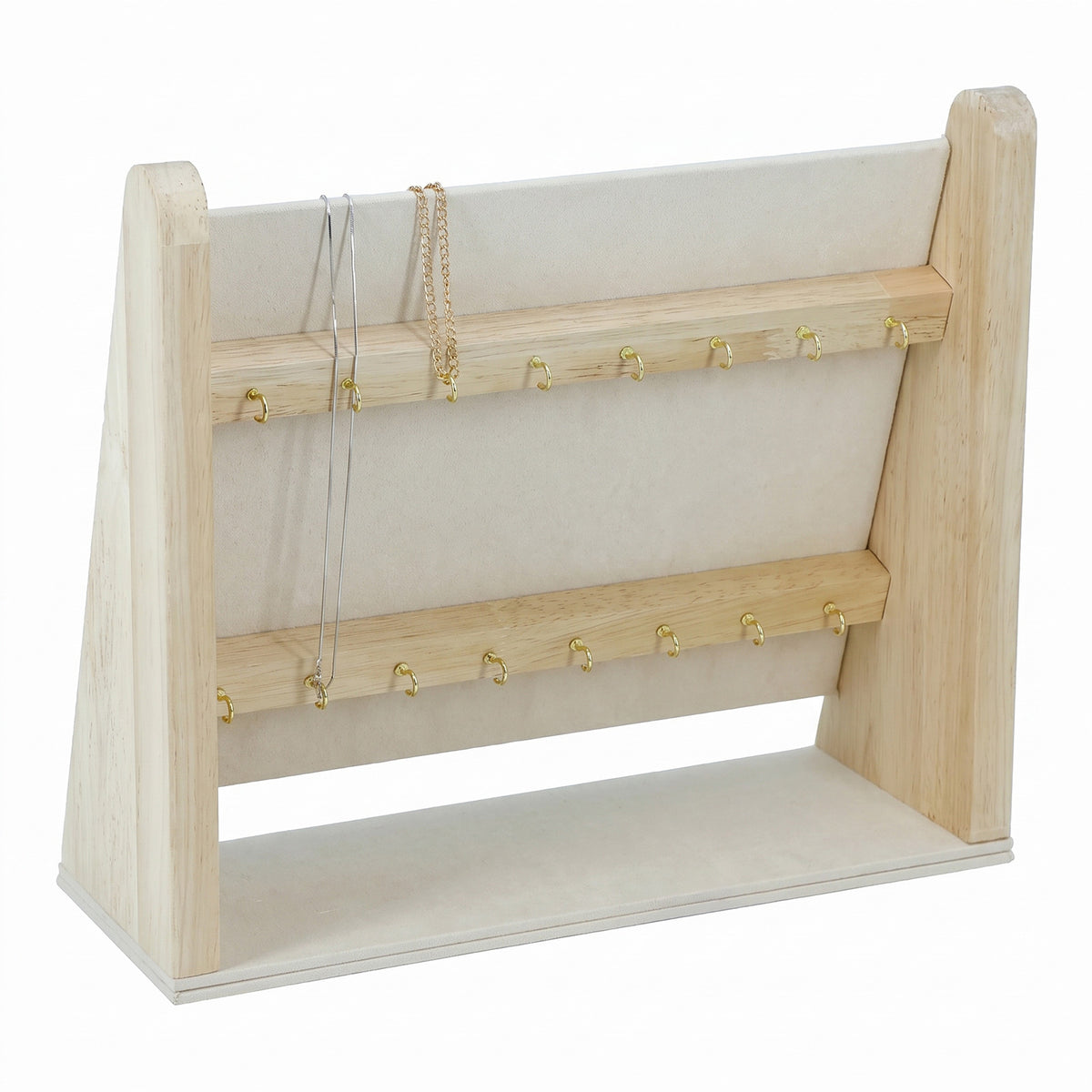12 1/4" x 10 1/2" Beige Velvet Wood Necklace Display with 16 Hooks