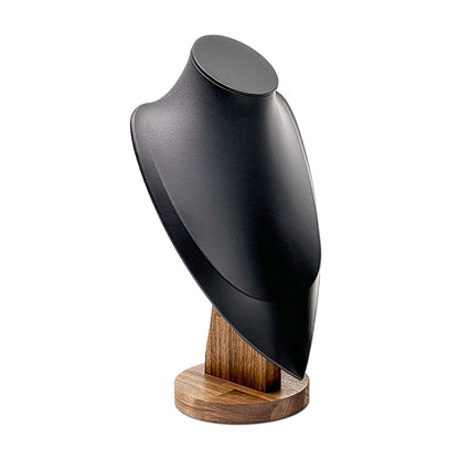 12" Black Leatherette Walnut Base Necklace Bust Display
