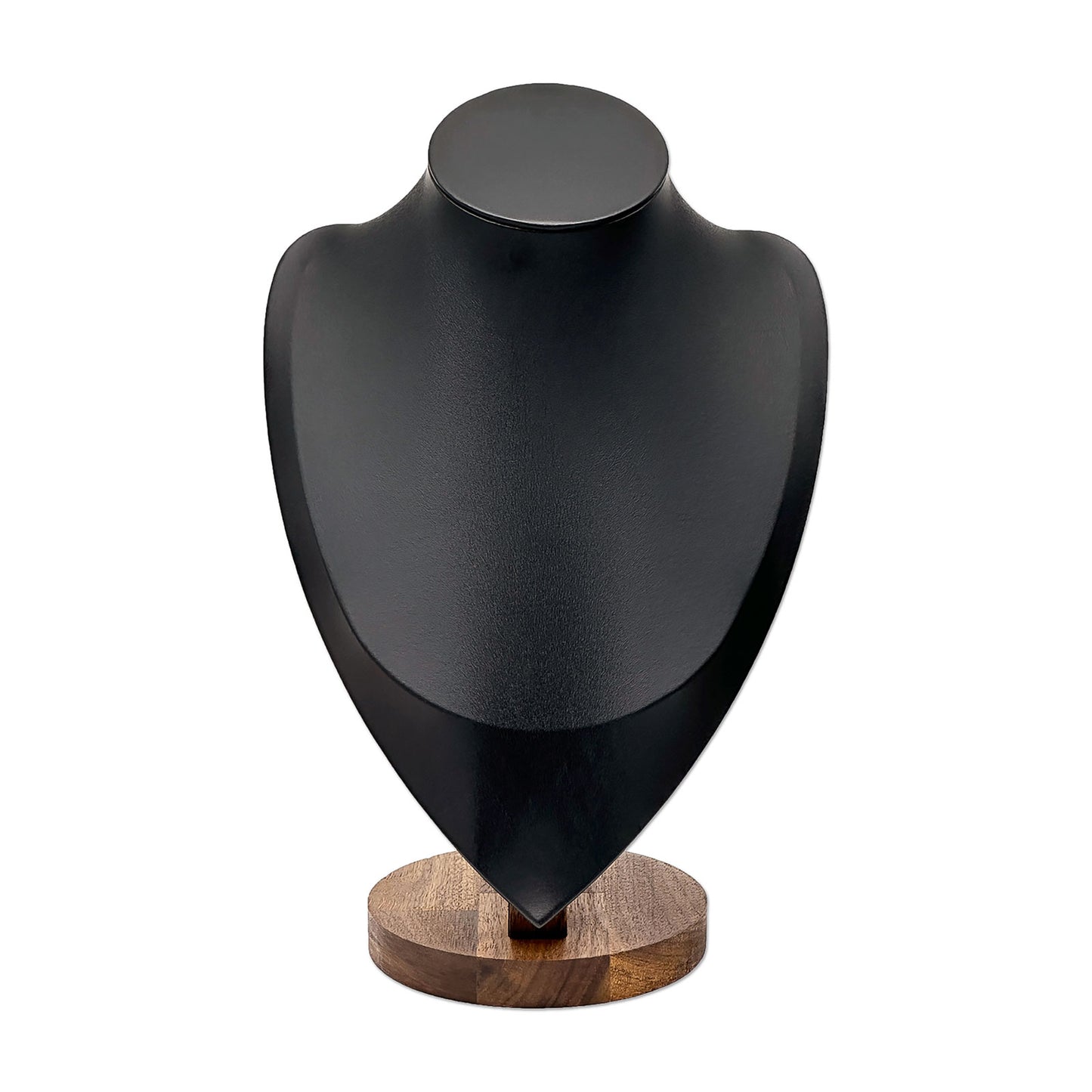 12" Black Leatherette Walnut Base Necklace Bust Display