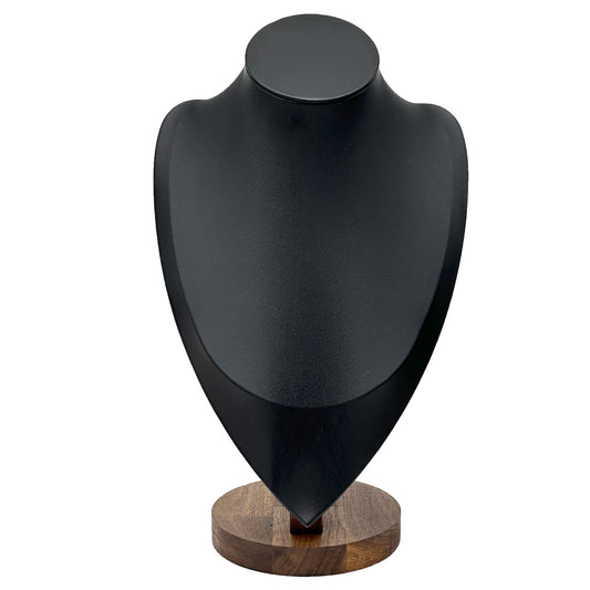 12" Black Leatherette Walnut Base Necklace Bust Display