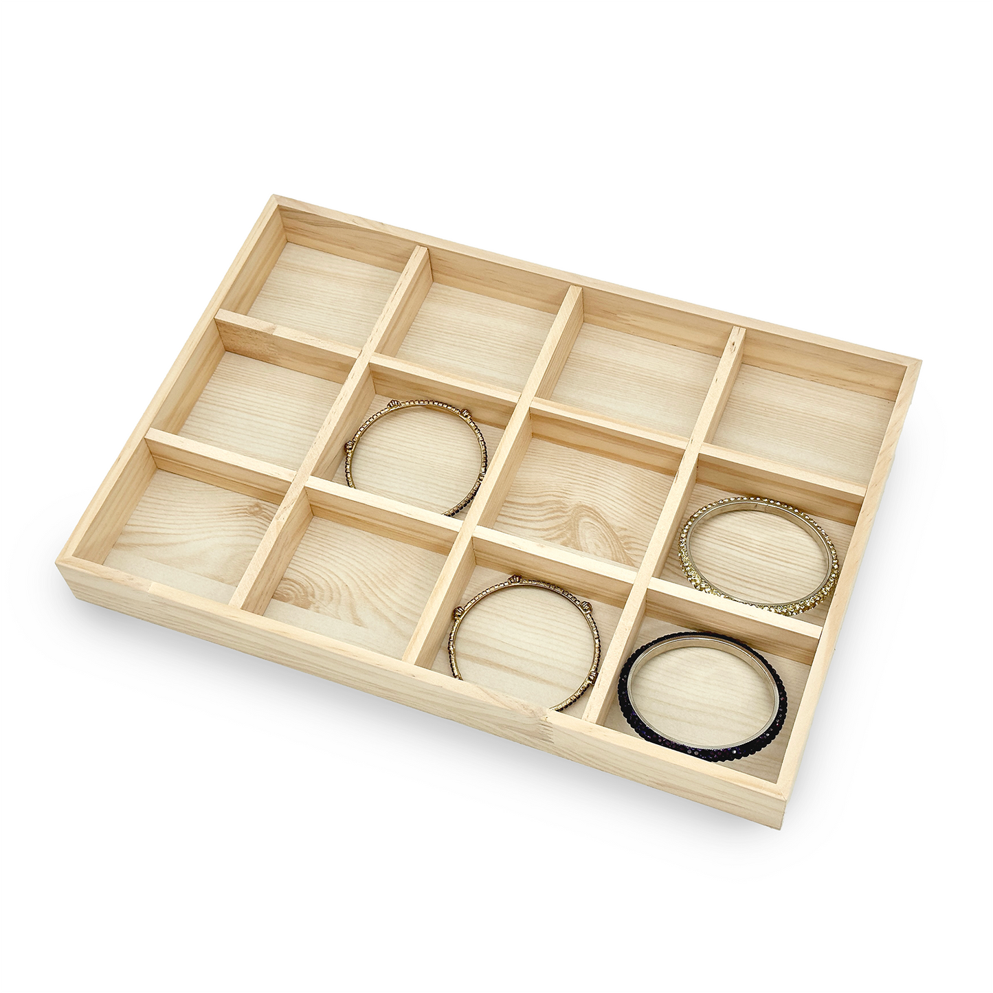 12 Compartment Natural Wood Jewelry Display Tray