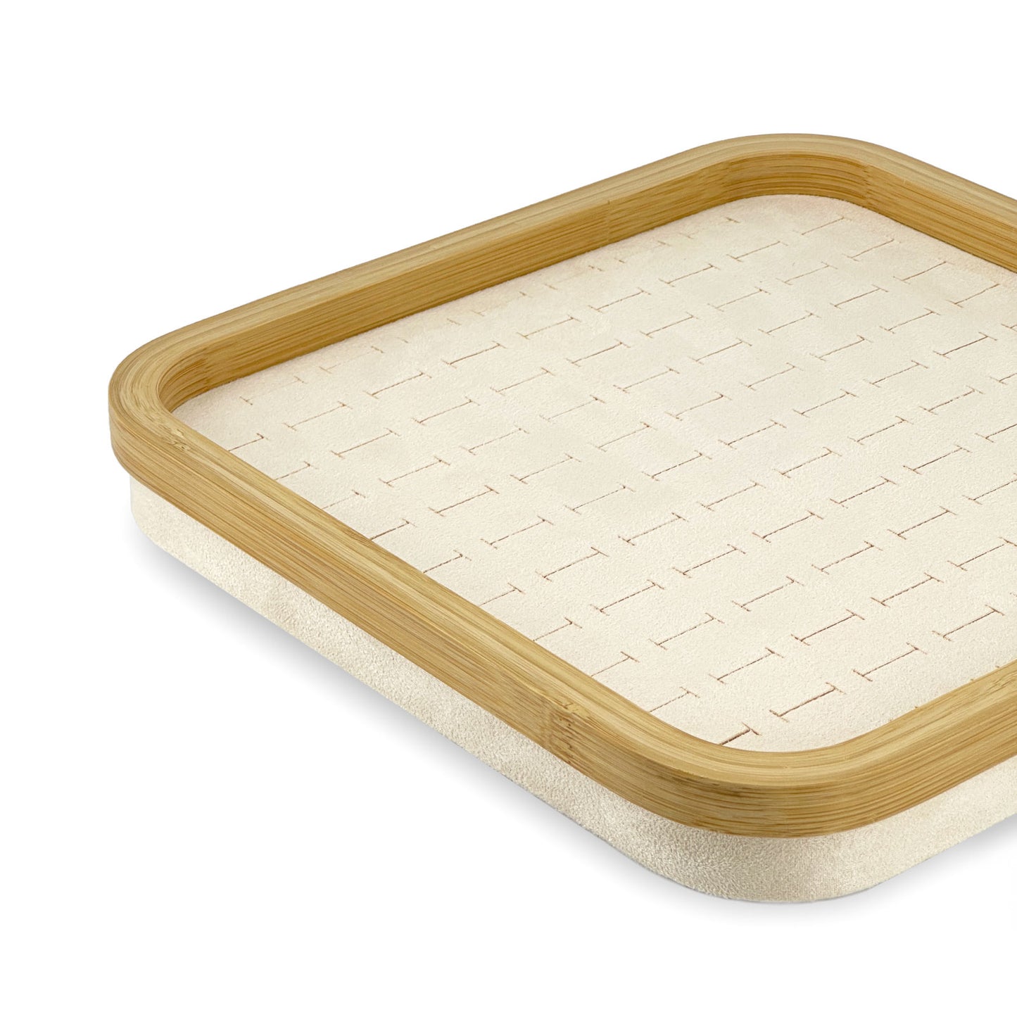 12" x 12" Bamboo Rim Beige Suede 104 Ring Display Tray