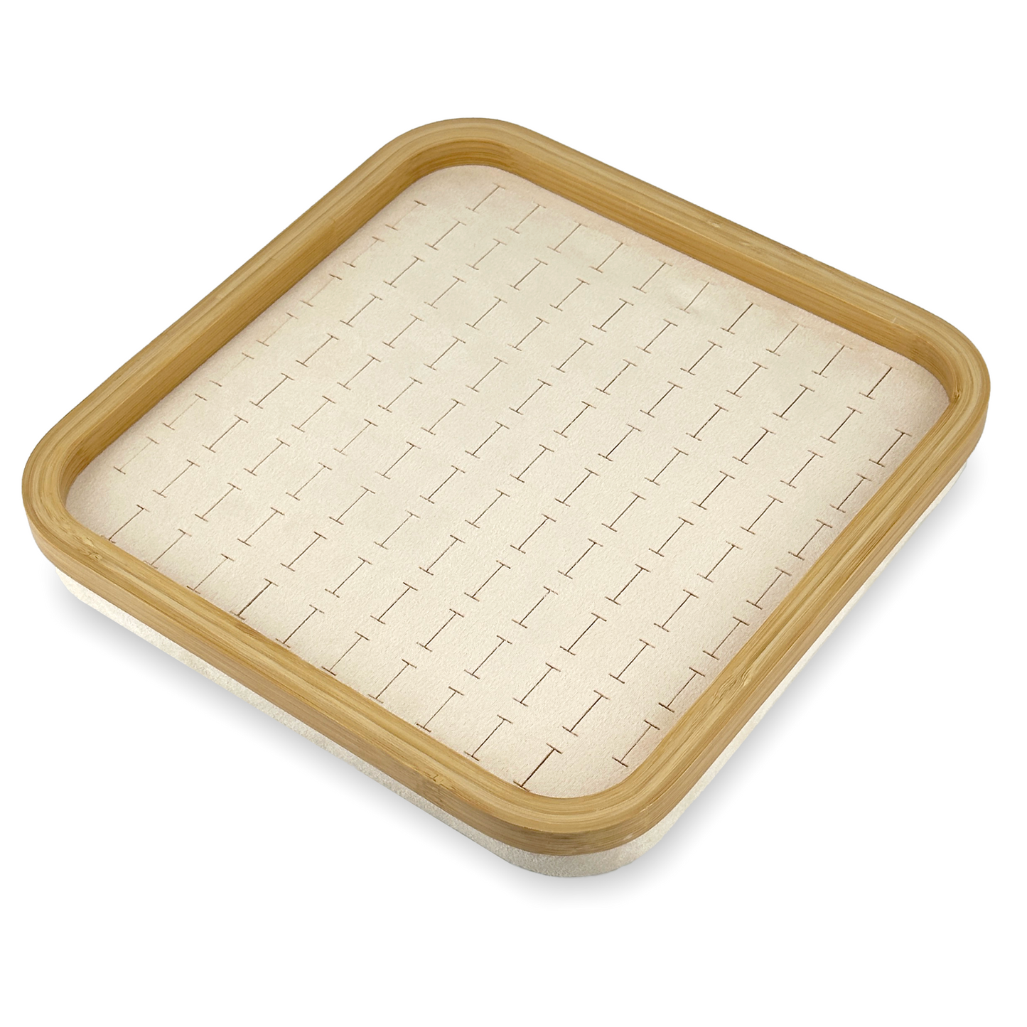 12" x 12" Bamboo Rim Beige Suede 104 Ring Display Tray