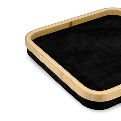 12" x 12" Bamboo Rim Black Suede 104 Ring Display Tray