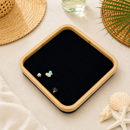 12" x 12" Bamboo Rim Black Suede 104 Ring Display Tray
