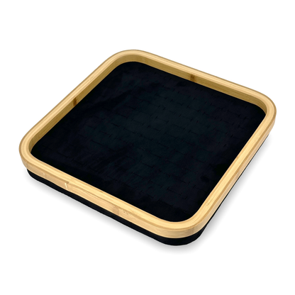 12" x 12" Bamboo Rim Black Suede 104 Ring Display Tray