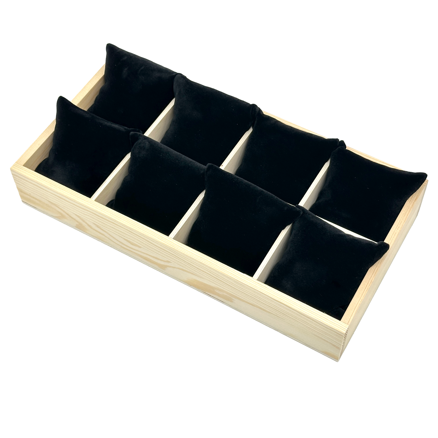 12" x 6" Natural Pine 8 Compartment Jewelry Display Tray with Black Velvet Pillows