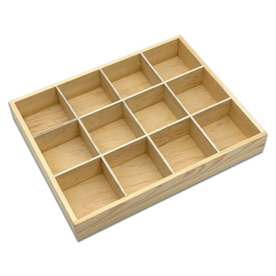 13 1/2" x 10 1/2" x 2" Natural Pine 12 Compartment Jewelry Display Tray