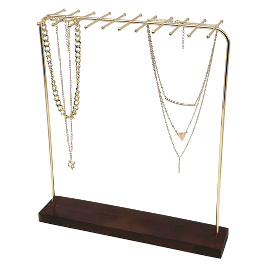 13 1/2" x 15" Two-Sided Gold Accent and Walnut Wood Necklace Display Stand